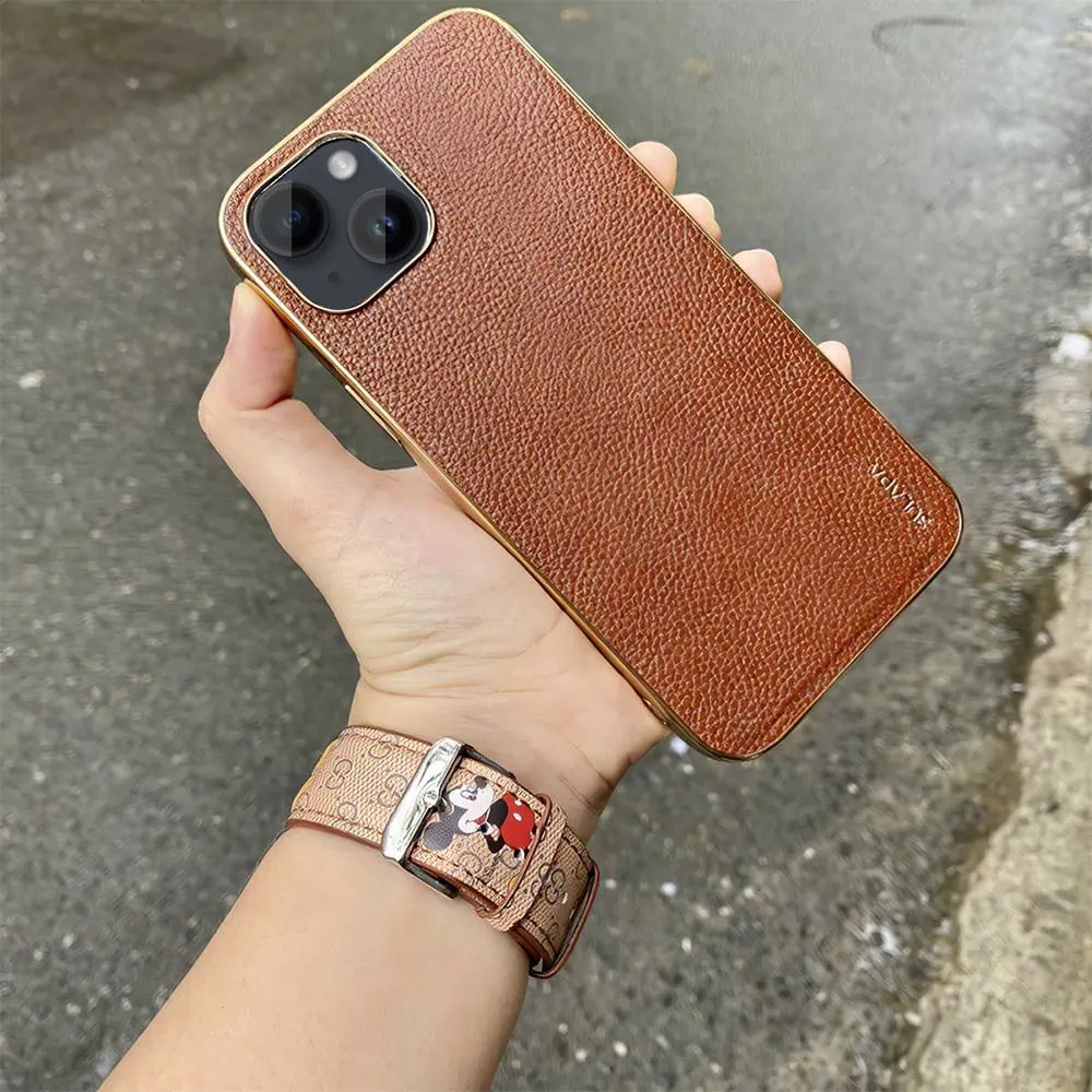 Etui do iPhone 13 eleganckie luksusowe skórzane brązowe ze złotem
