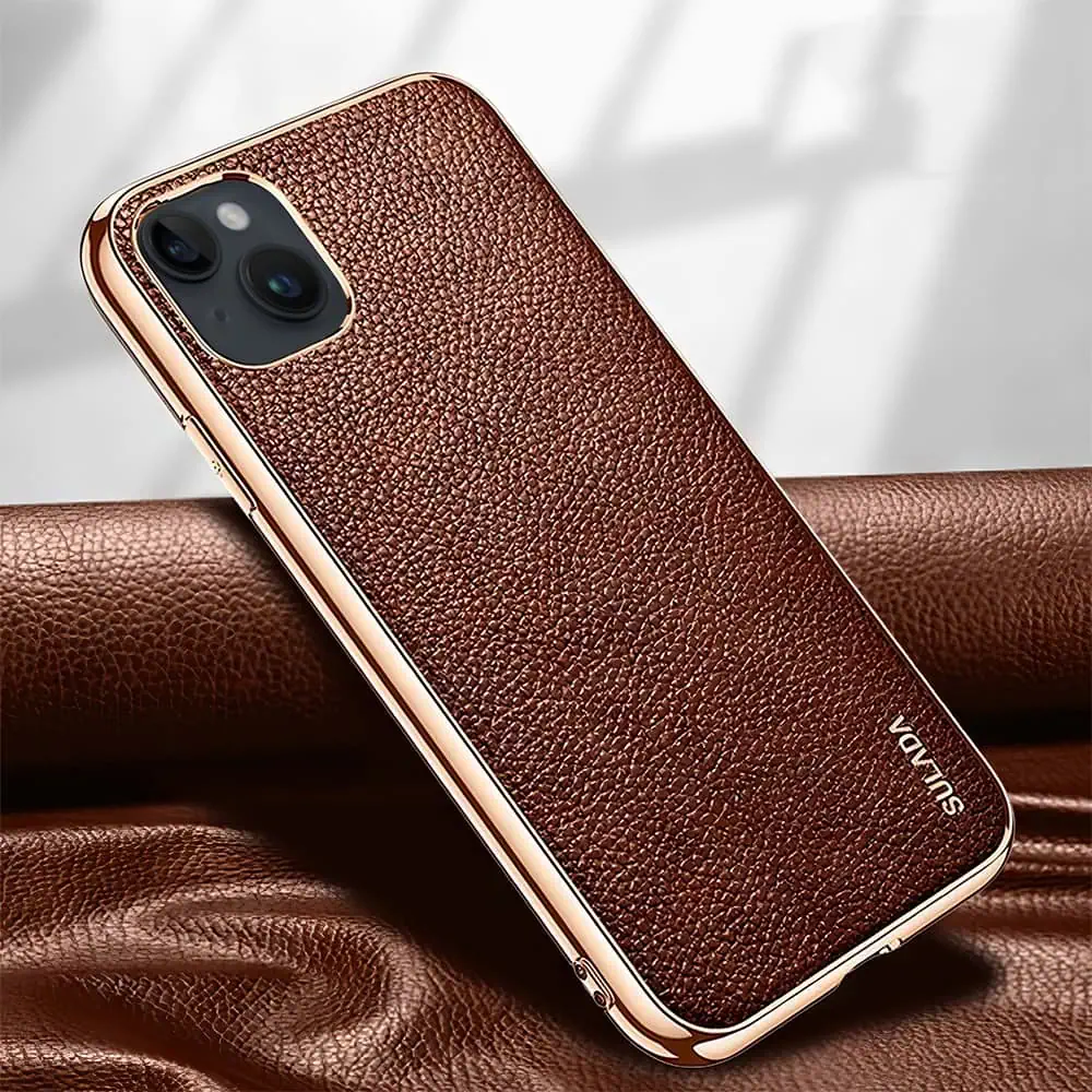 Etui do iPhone 13 eleganckie luksusowe skórzane brązowe ze złotem