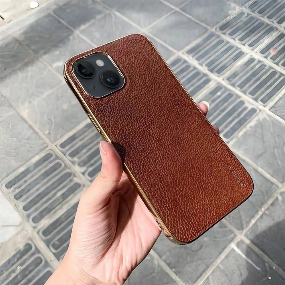 Etui do iPhone 13 eleganckie luksusowe skórzane brązowe ze złotem