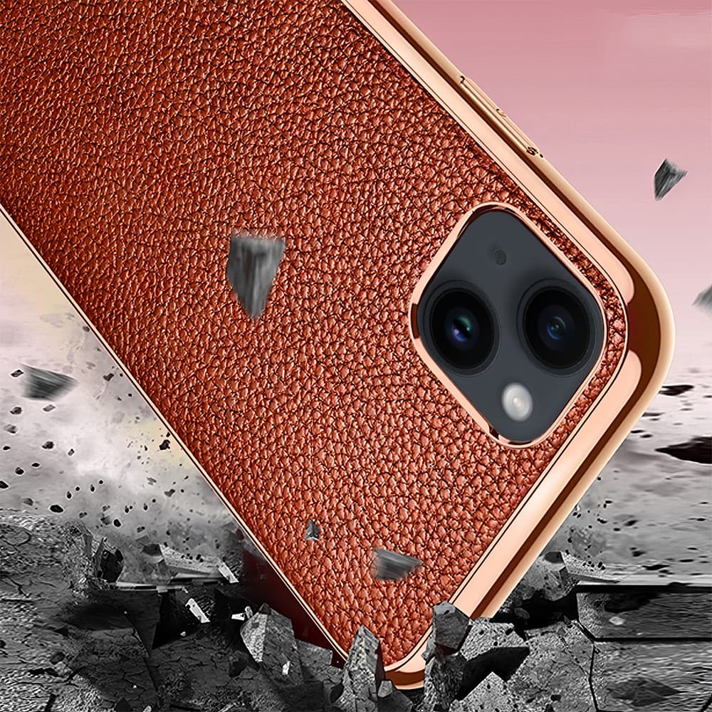 Etui do iPhone 13 eleganckie luksusowe skórzane brązowe ze złotem