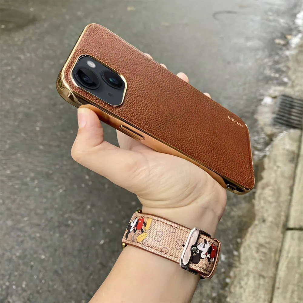 Etui do iPhone 13 eleganckie luksusowe skórzane brązowe ze złotem