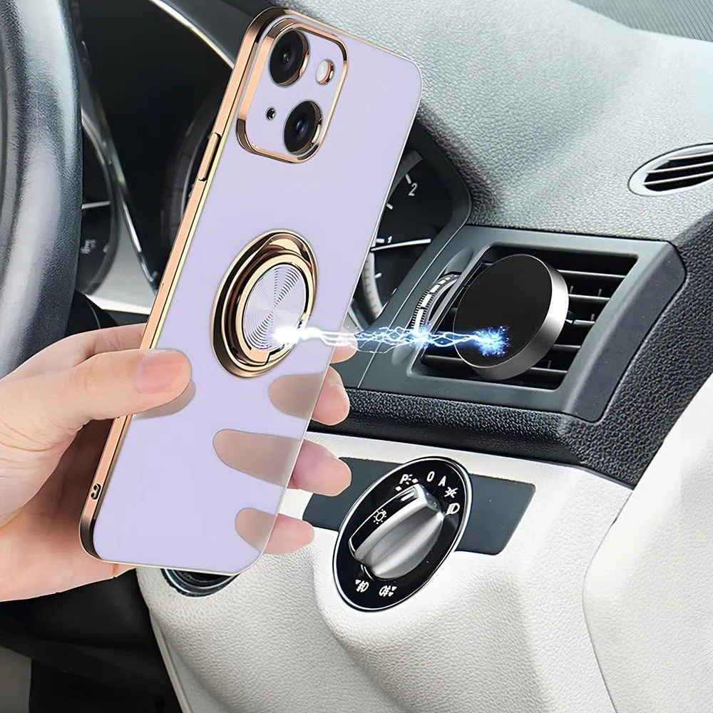 Etui do iPhone 13 eleganckie, ze złotym, metalowym uchwytem i zdobieniami, osłona na aparat, fioletowe liliowe