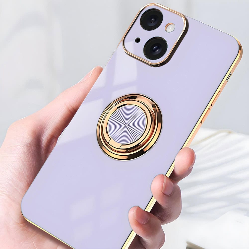 Etui do iPhone 13 eleganckie, ze złotym, metalowym uchwytem i zdobieniami, osłona na aparat, fioletowe liliowe