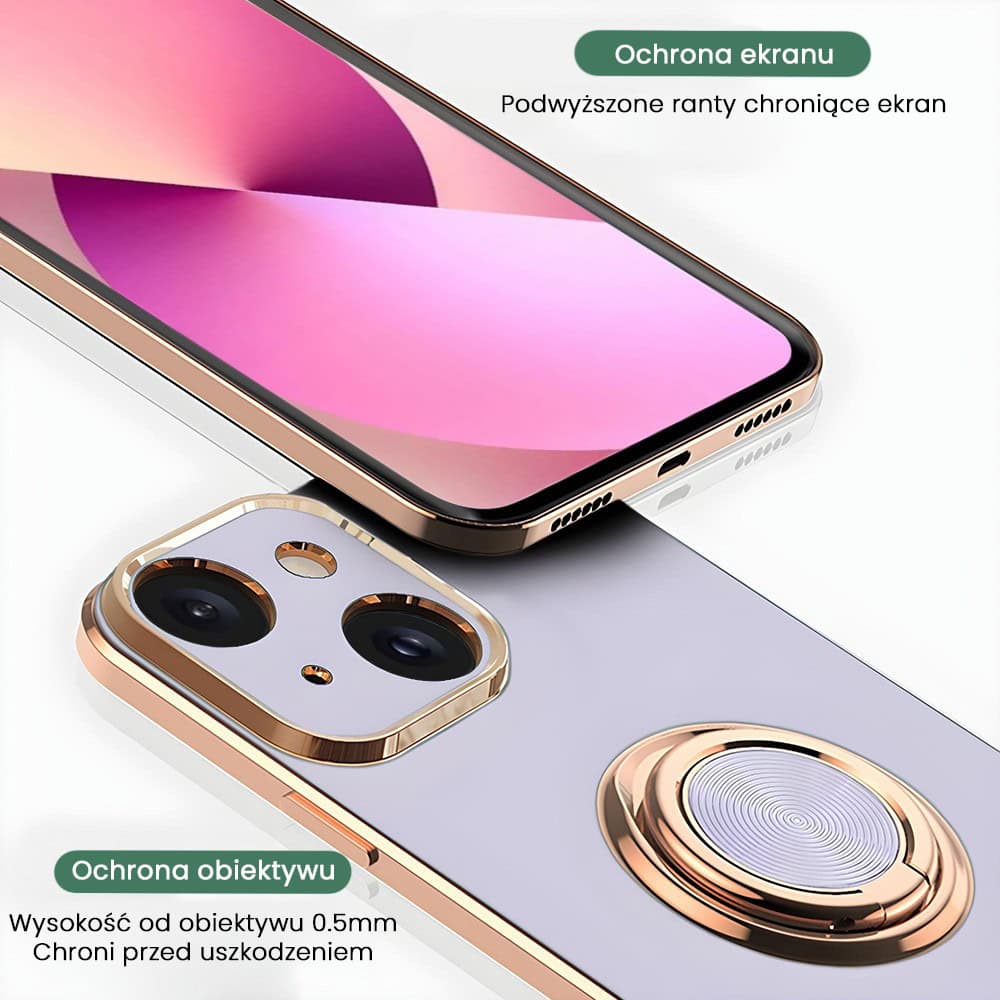 Etui do iPhone 13 eleganckie, ze złotym, metalowym uchwytem i zdobieniami, osłona na aparat, fioletowe liliowe