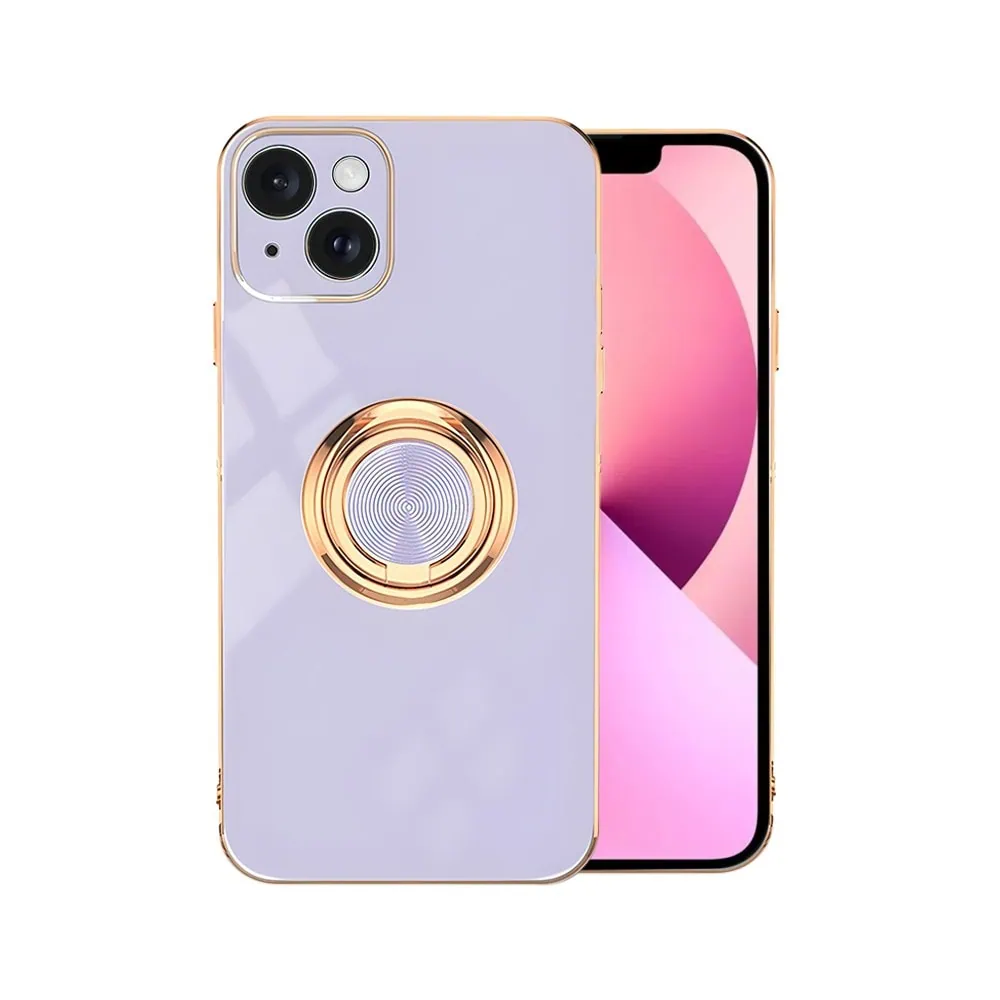 Etui do iPhone 13 eleganckie, ze złotym, metalowym uchwytem i zdobieniami, osłona na aparat, fioletowe liliowe