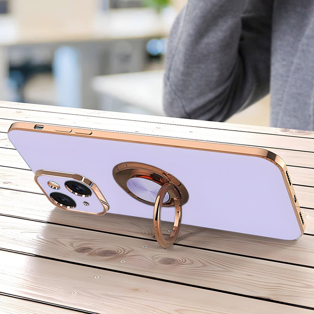 Etui do iPhone 13 eleganckie, ze złotym, metalowym uchwytem i zdobieniami, osłona na aparat, fioletowe liliowe