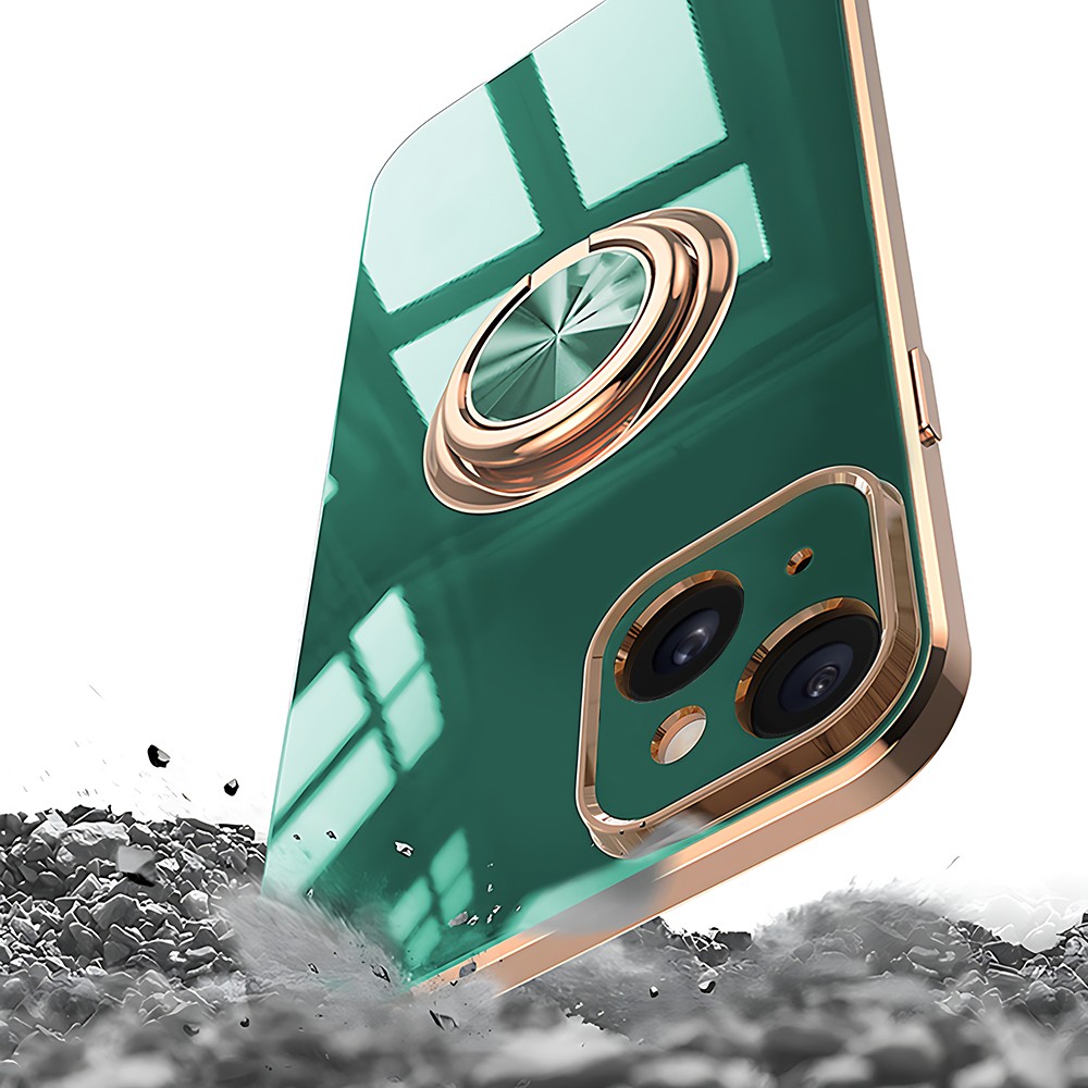 Etui do iPhone 13 eleganckie, ze złotym, metalowym uchwytem i zdobieniami, osłona na aparat, zielone