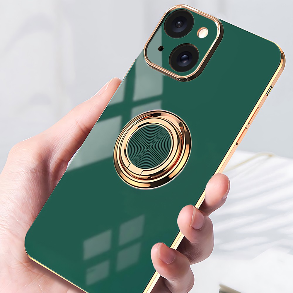 Etui do iPhone 13 eleganckie, ze złotym, metalowym uchwytem i zdobieniami, osłona na aparat, zielone