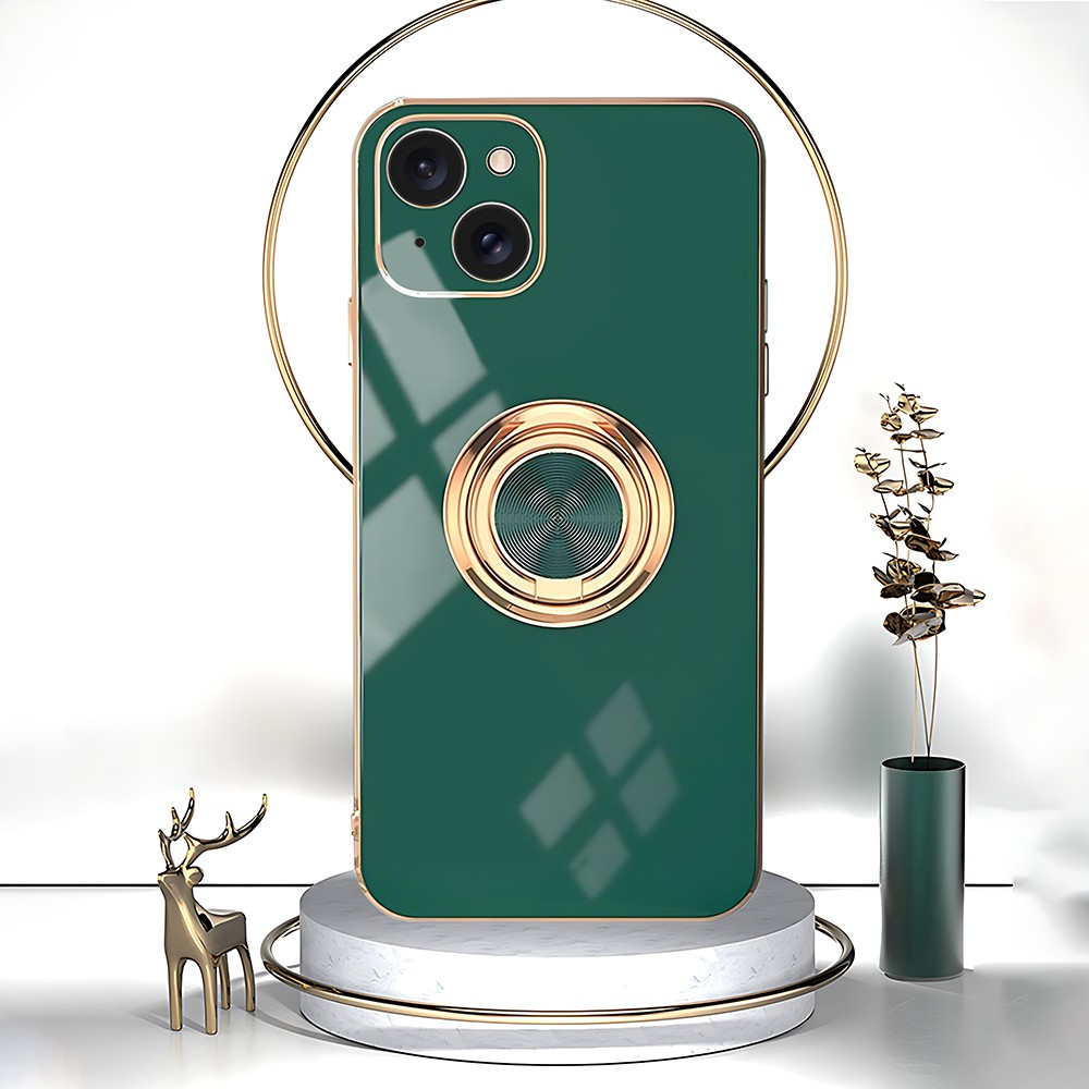 Etui do iPhone 13 eleganckie, ze złotym, metalowym uchwytem i zdobieniami, osłona na aparat, zielone