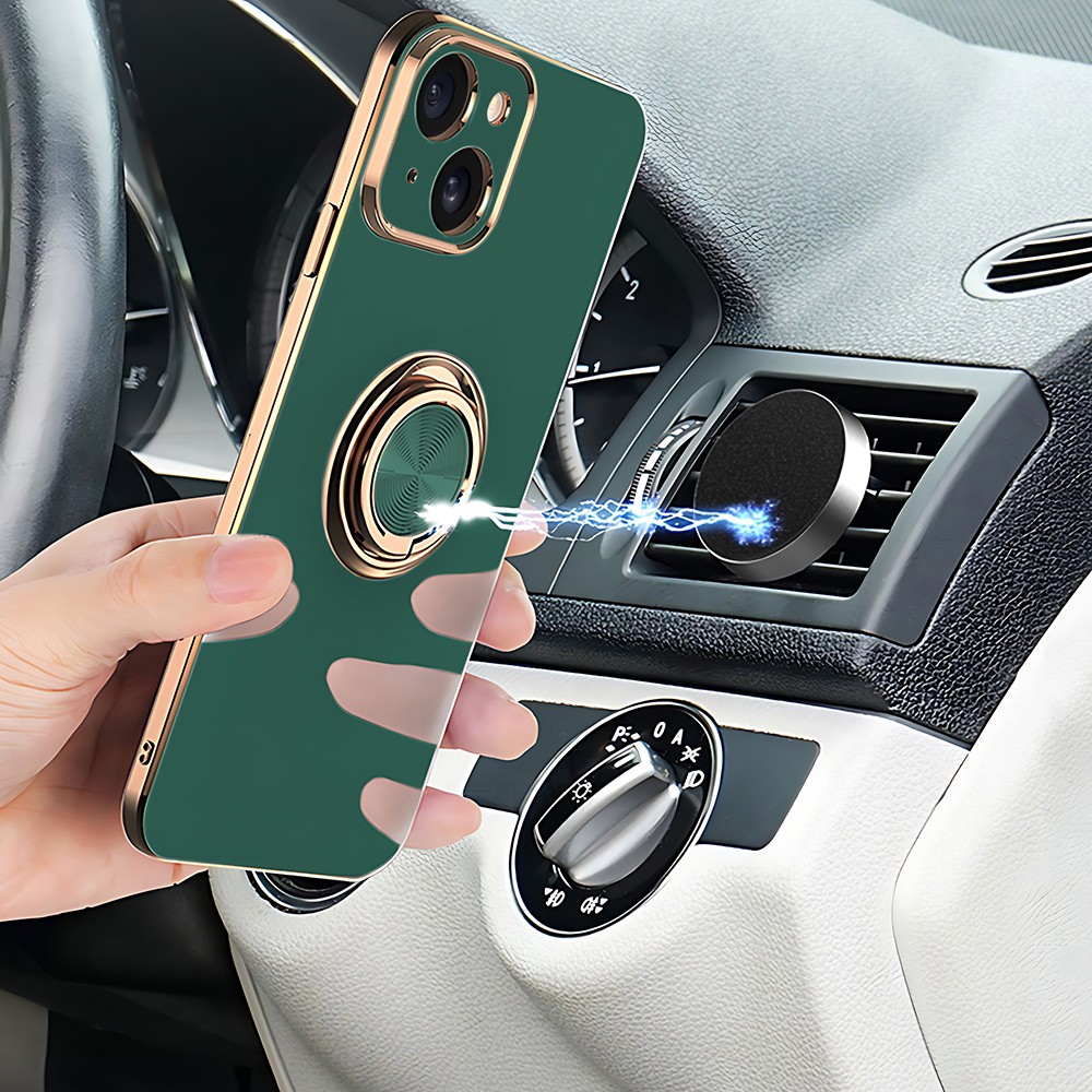 Etui do iPhone 13 eleganckie, ze złotym, metalowym uchwytem i zdobieniami, osłona na aparat, zielone