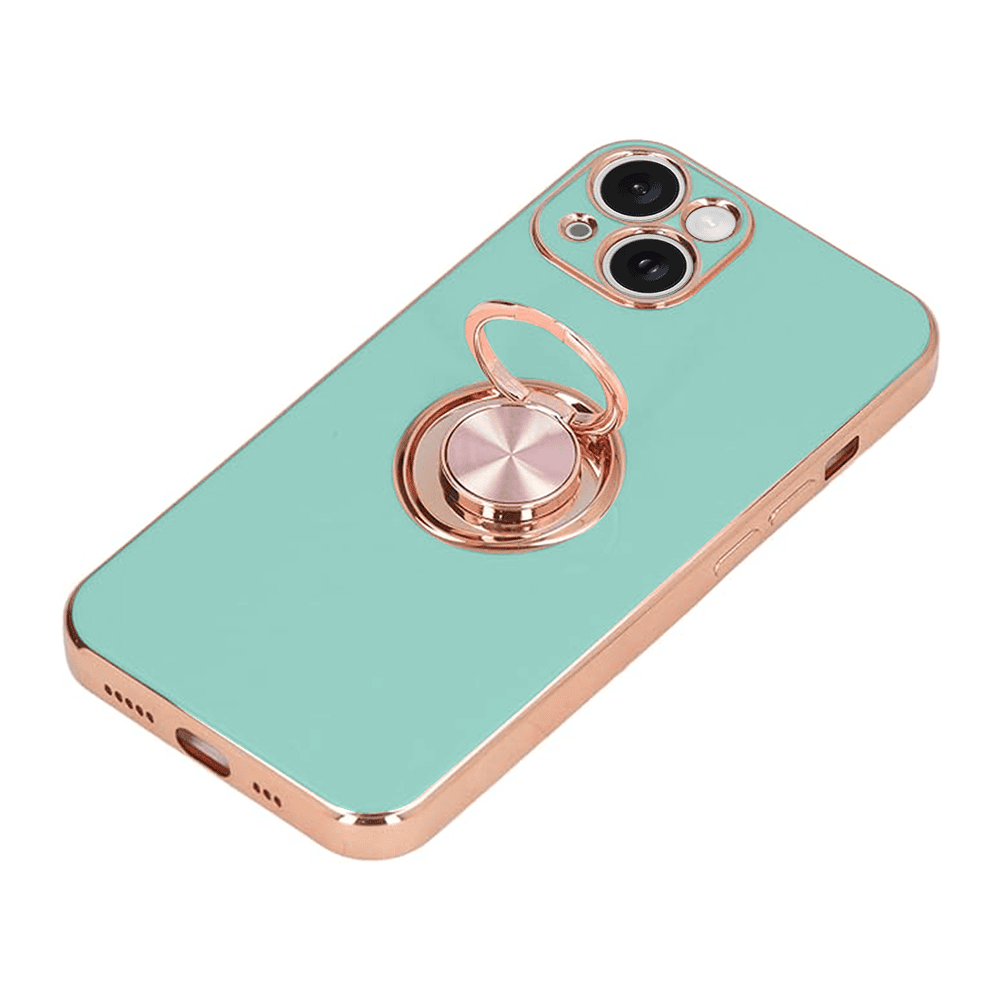 Etui do iPhone 13 eleganckie, ze złotym metalowym uchwytem i zdobieniami, osłona na aparat, miętowe