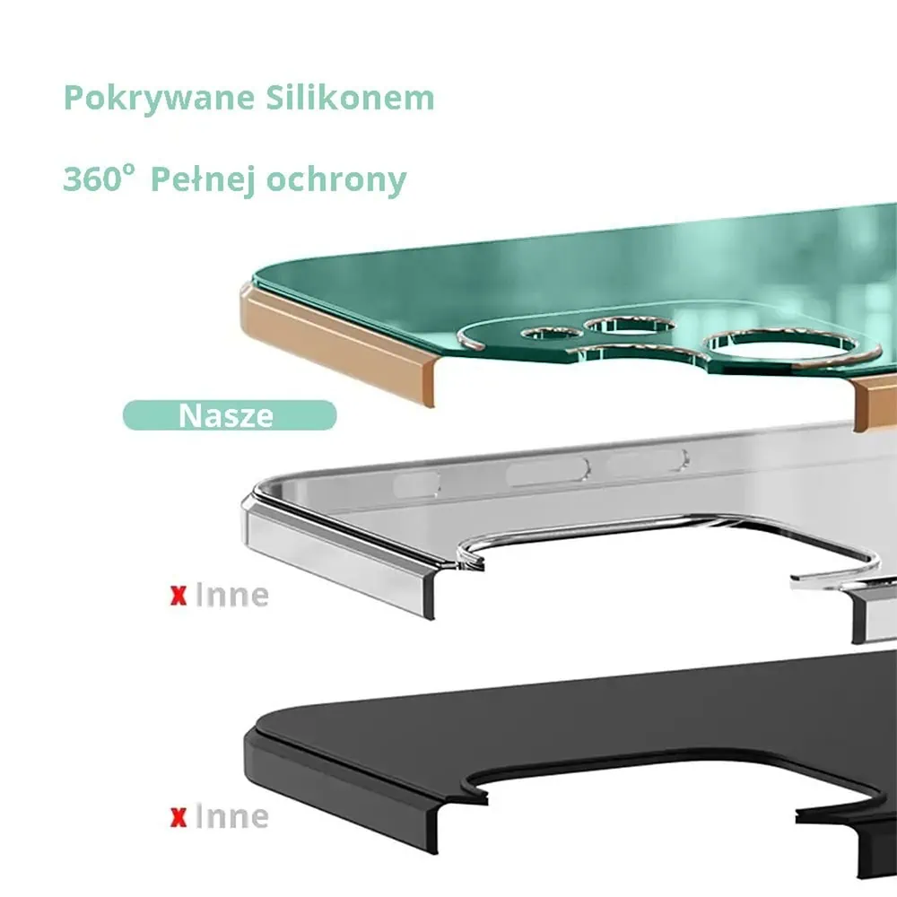 Etui do iPhone 13 eleganckie, ze złotym metalowym uchwytem i zdobieniami, osłona na aparat, miętowe