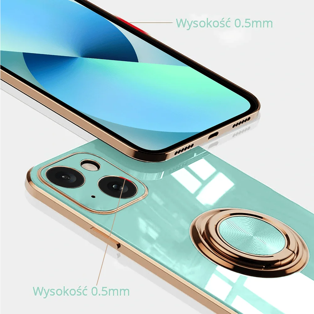 Etui do iPhone 13 eleganckie, ze złotym metalowym uchwytem i zdobieniami, osłona na aparat, miętowe