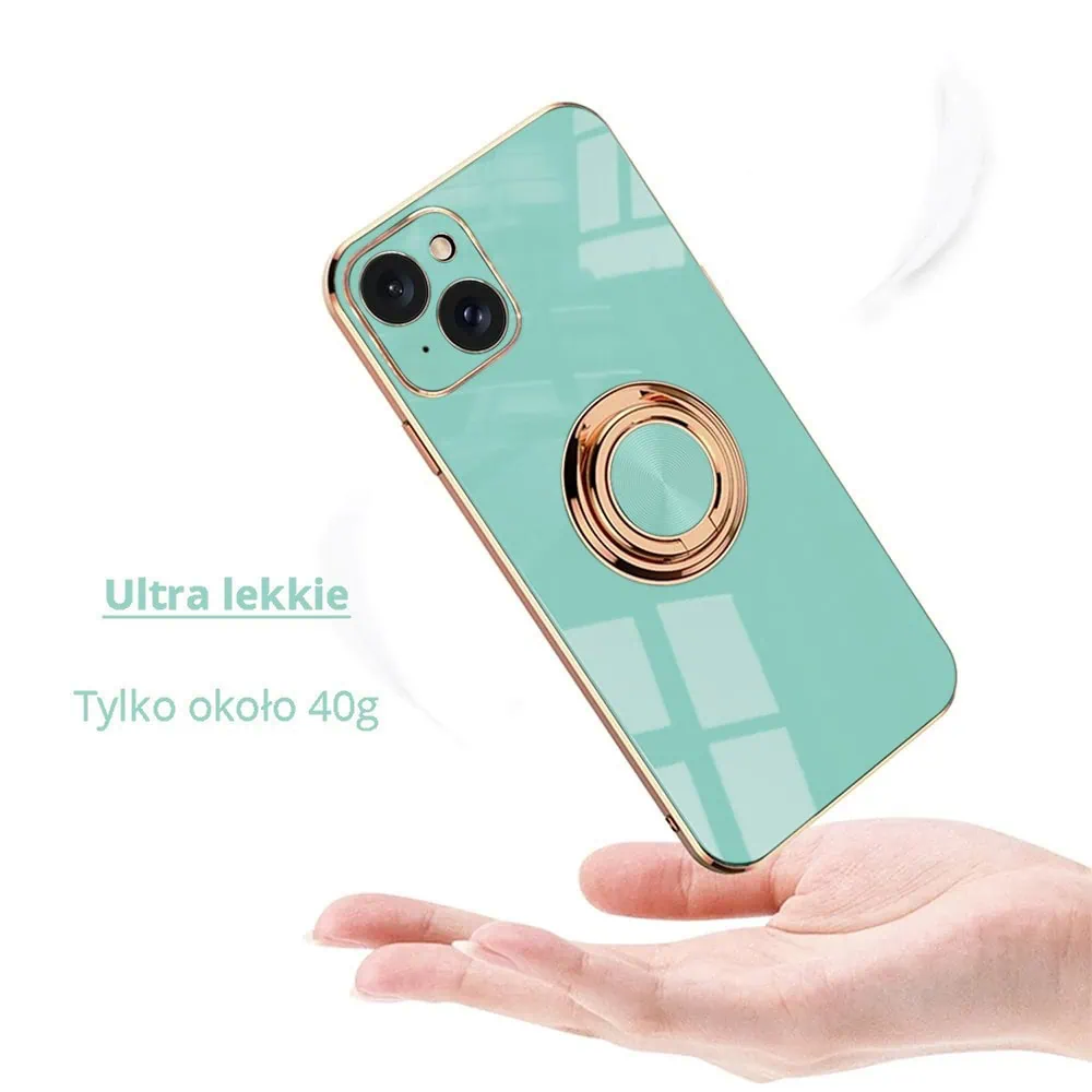 Etui do iPhone 13 eleganckie, ze złotym metalowym uchwytem i zdobieniami, osłona na aparat, miętowe