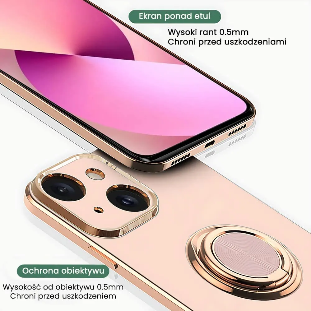 Etui do iPhone 13 Mini eleganckie, ze złotym, metalowym uchwytem i zdobieniami, osłona na aparat, złoty róż (OUTLET)