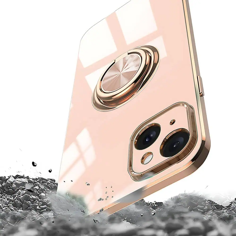 Etui do iPhone 13 Mini eleganckie, ze złotym, metalowym uchwytem i zdobieniami, osłona na aparat, złoty róż (OUTLET)