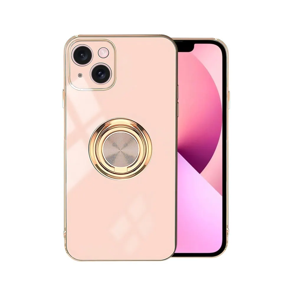 Etui do iPhone 13 Mini eleganckie, ze złotym, metalowym uchwytem i zdobieniami, osłona na aparat, złoty róż (OUTLET)