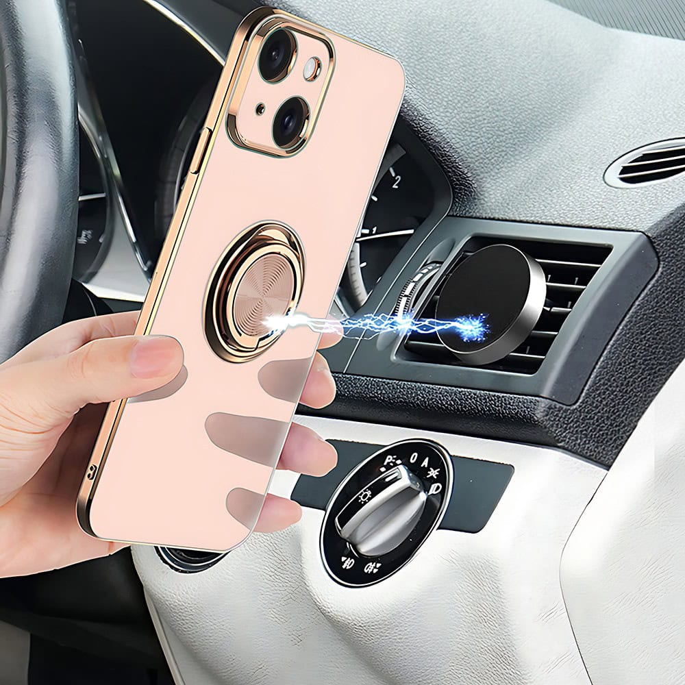 Etui do iPhone 13 Mini eleganckie, ze złotym, metalowym uchwytem i zdobieniami, osłona na aparat, złoty róż (OUTLET)