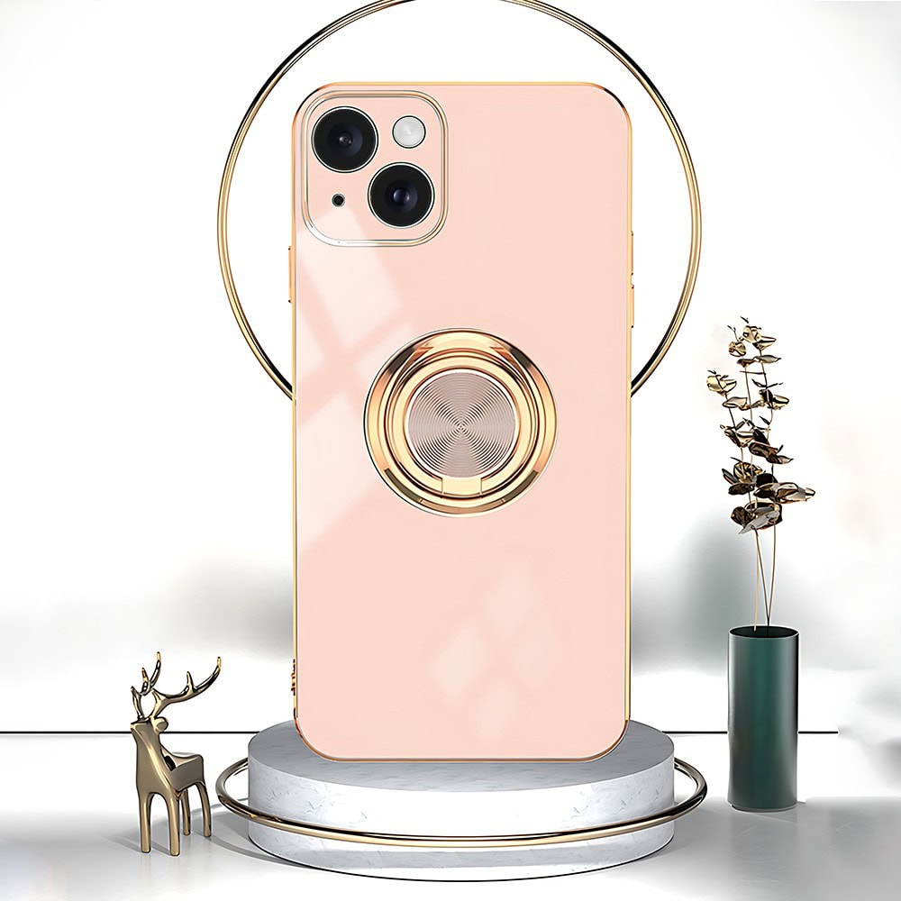 Etui do iPhone 13 Mini eleganckie, ze złotym, metalowym uchwytem i zdobieniami, osłona na aparat, złoty róż (OUTLET)