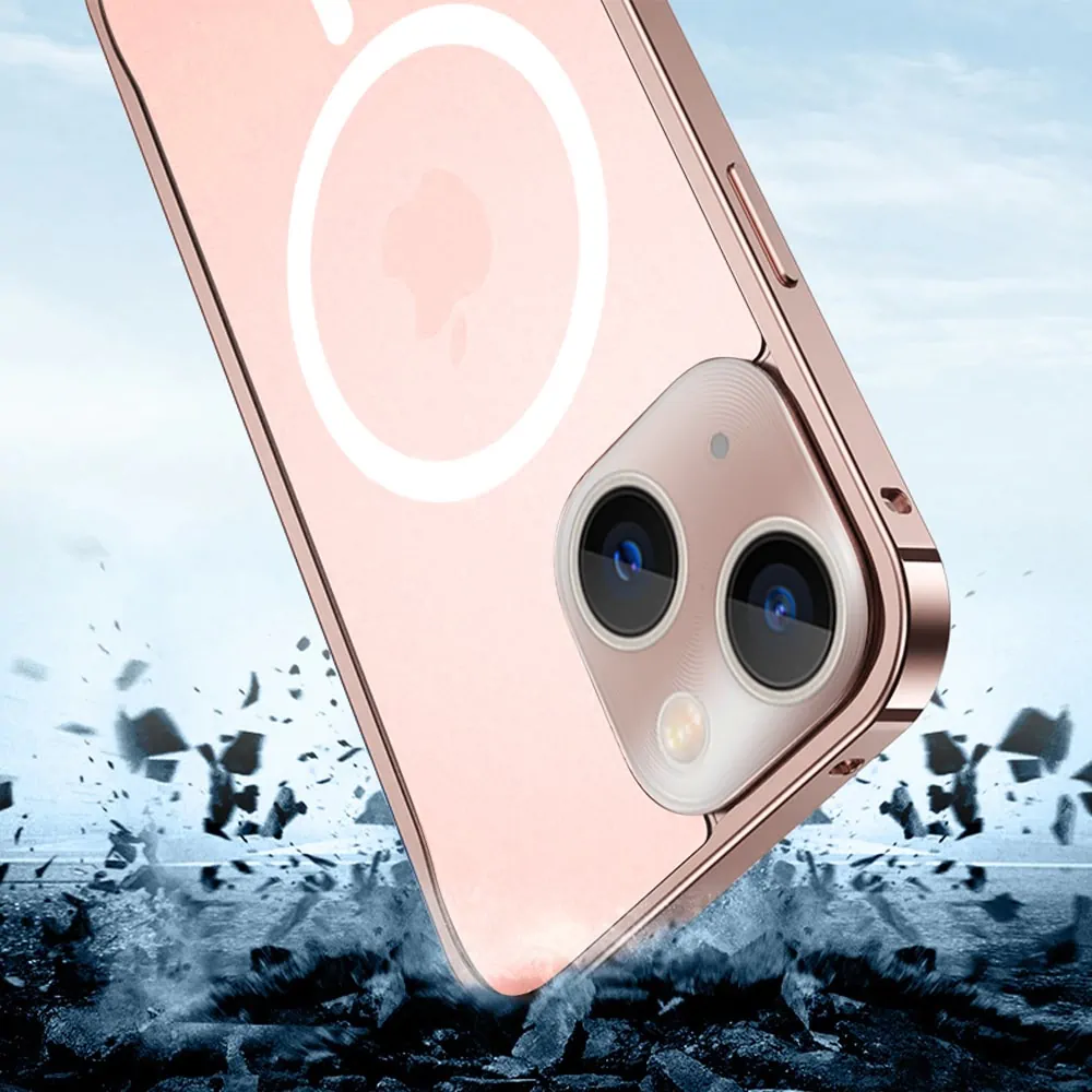 Etui do iPhone 13 Magsafe Armor metalowa ramka, twarde aluminium, różowe złoto