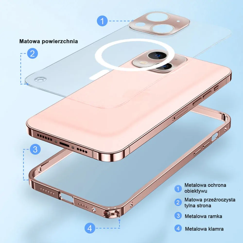 Etui do iPhone 13 Magsafe Armor metalowa ramka, twarde aluminium, różowe złoto