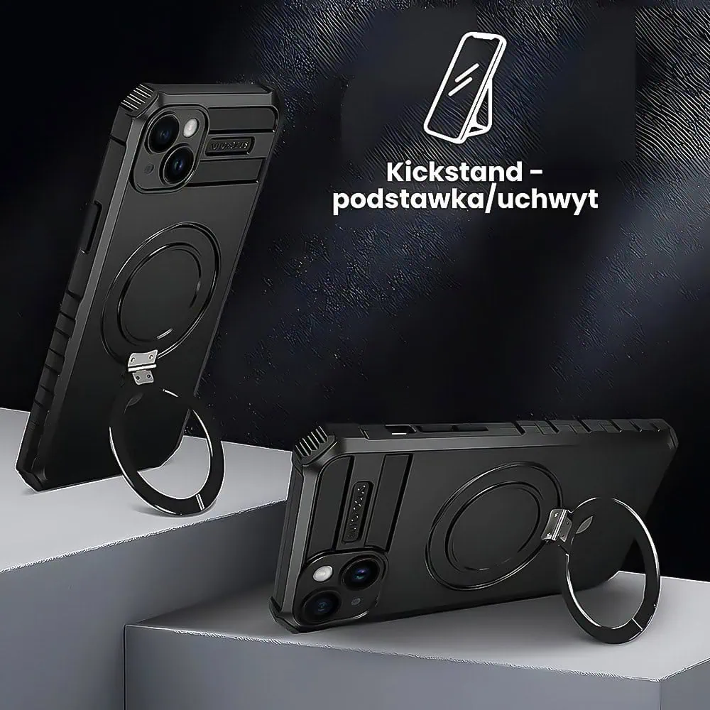 Etui do iPhone 13, pancerne, z osłoną aparatu i metalową podstawką MagSafe, czarne
