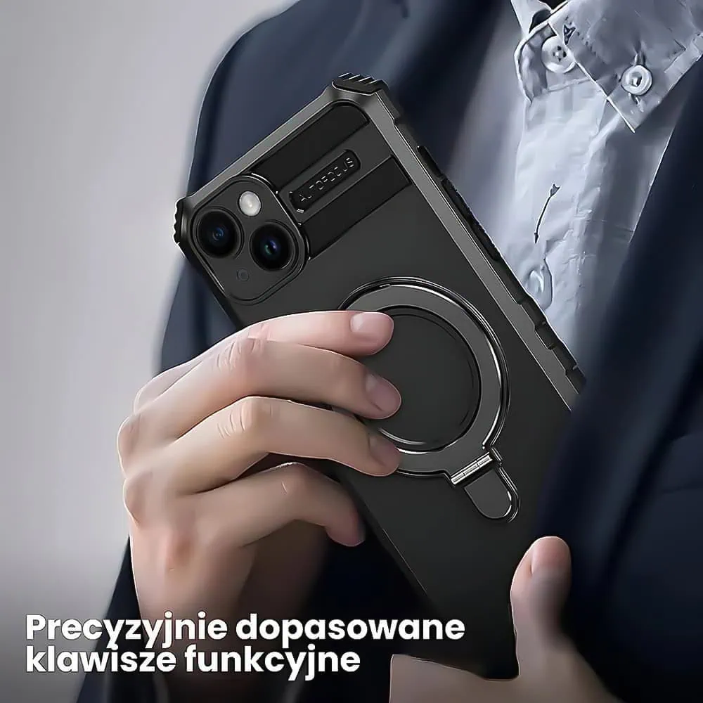 Etui do iPhone 13, pancerne, z osłoną aparatu i metalową podstawką MagSafe, czarne
