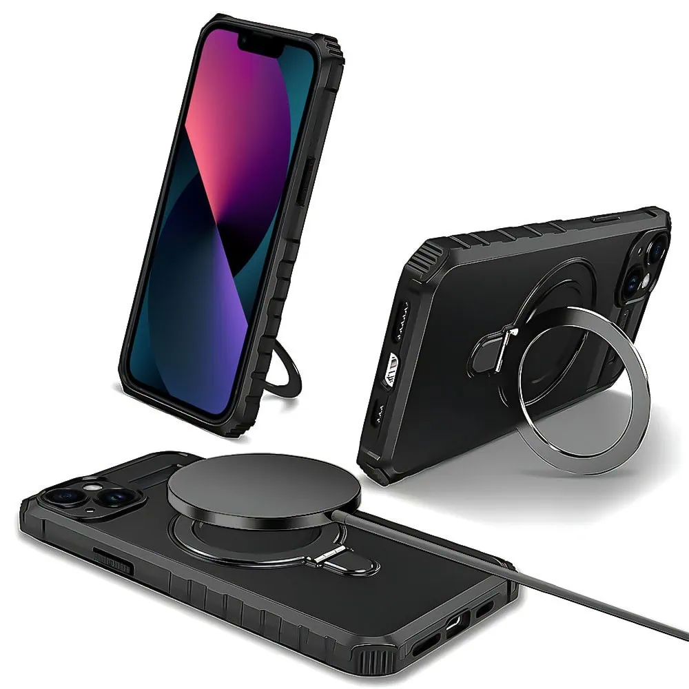 Etui do iPhone 13, pancerne, z osłoną aparatu i metalową podstawką MagSafe, czarne
