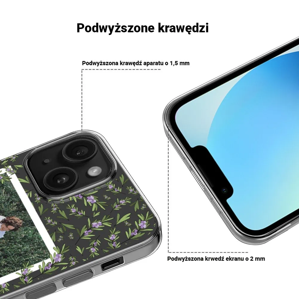 Etui do iPhone 13 Mini polaroid z własnym zdjęciem i napisem, gałązki