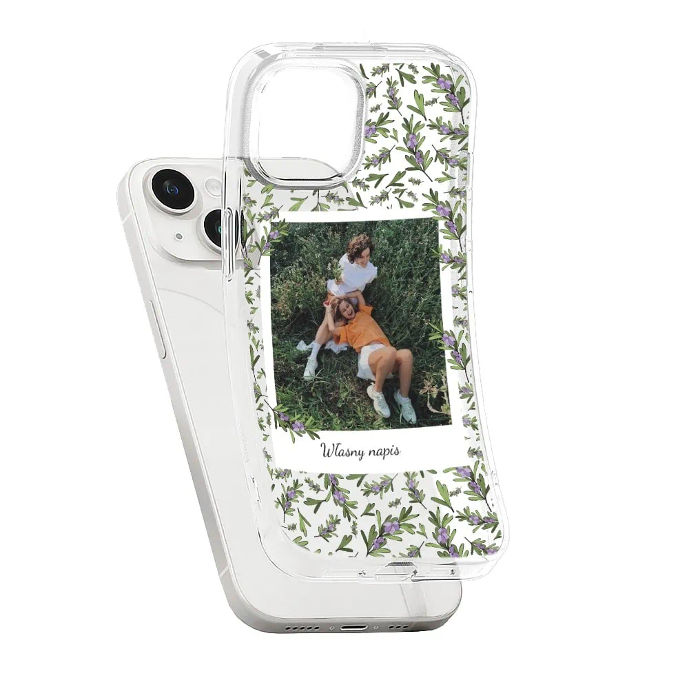 Etui do iPhone 13 Mini polaroid z własnym zdjęciem i napisem, gałązki