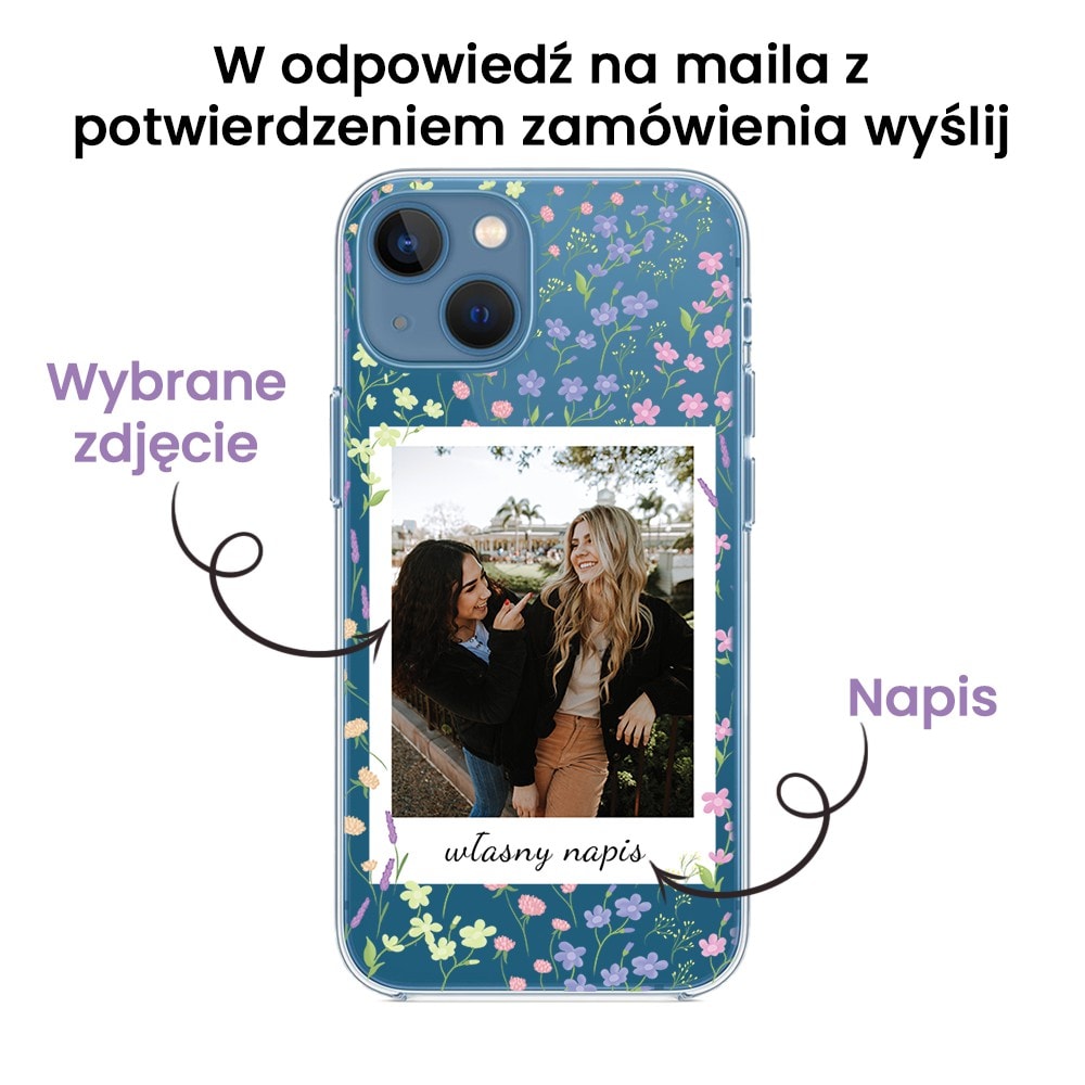 Etui do iPhone 13 Mini polaroid z własnym zdjęciem i napisem, kwiaty