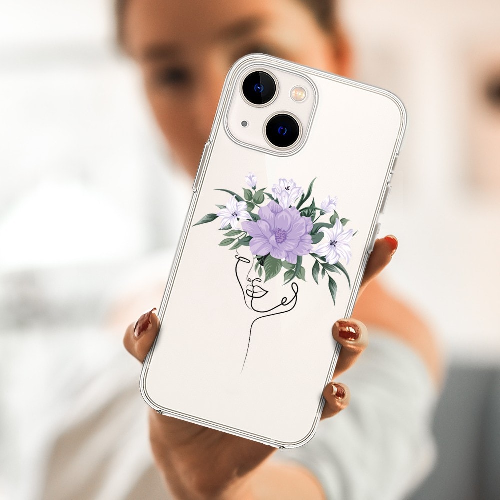 Etui do iPhone 13 Mini przeźroczyste, kobieta z kwiatami