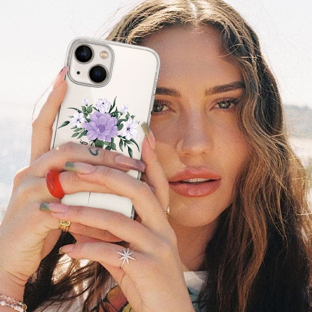 Etui do iPhone 13 Mini przeźroczyste, kobieta z kwiatami