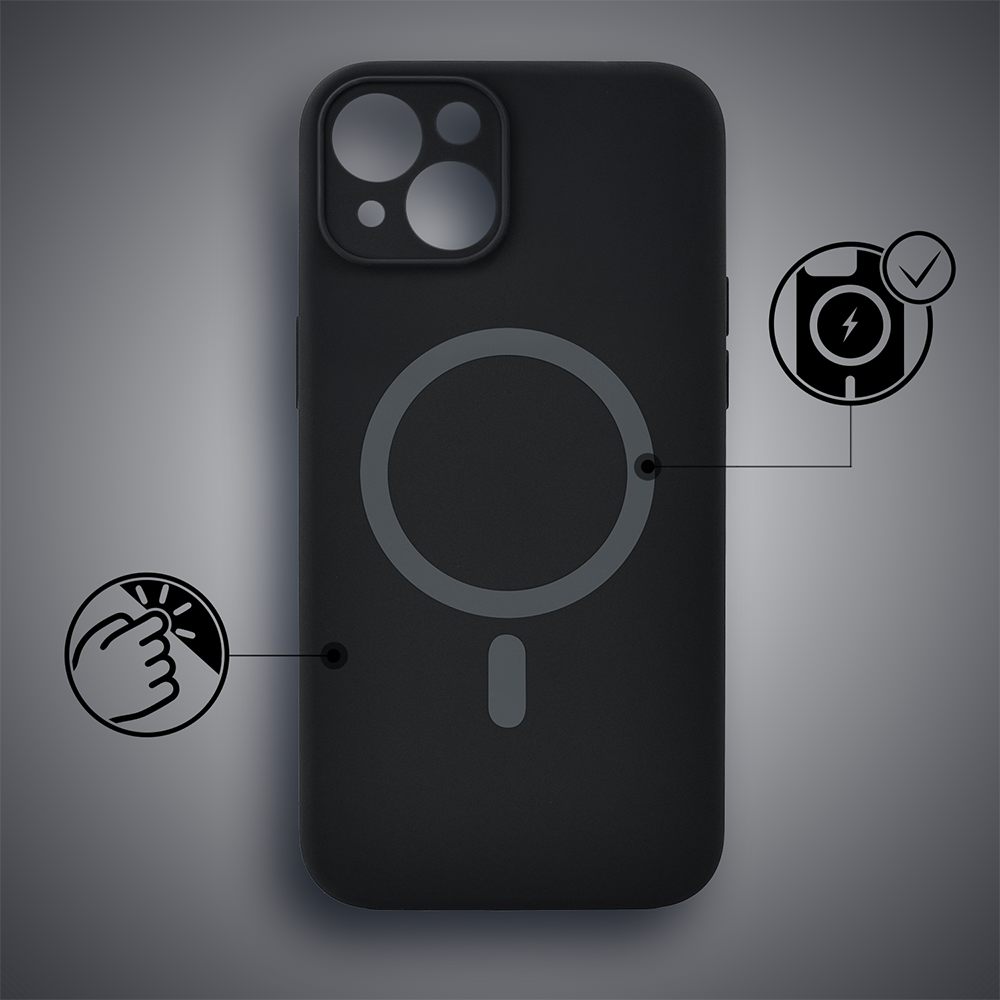 Etui do iPhone 13, silikonowe z MagSafe, mikrofibra soft touch z osłoną na aparat, czarne