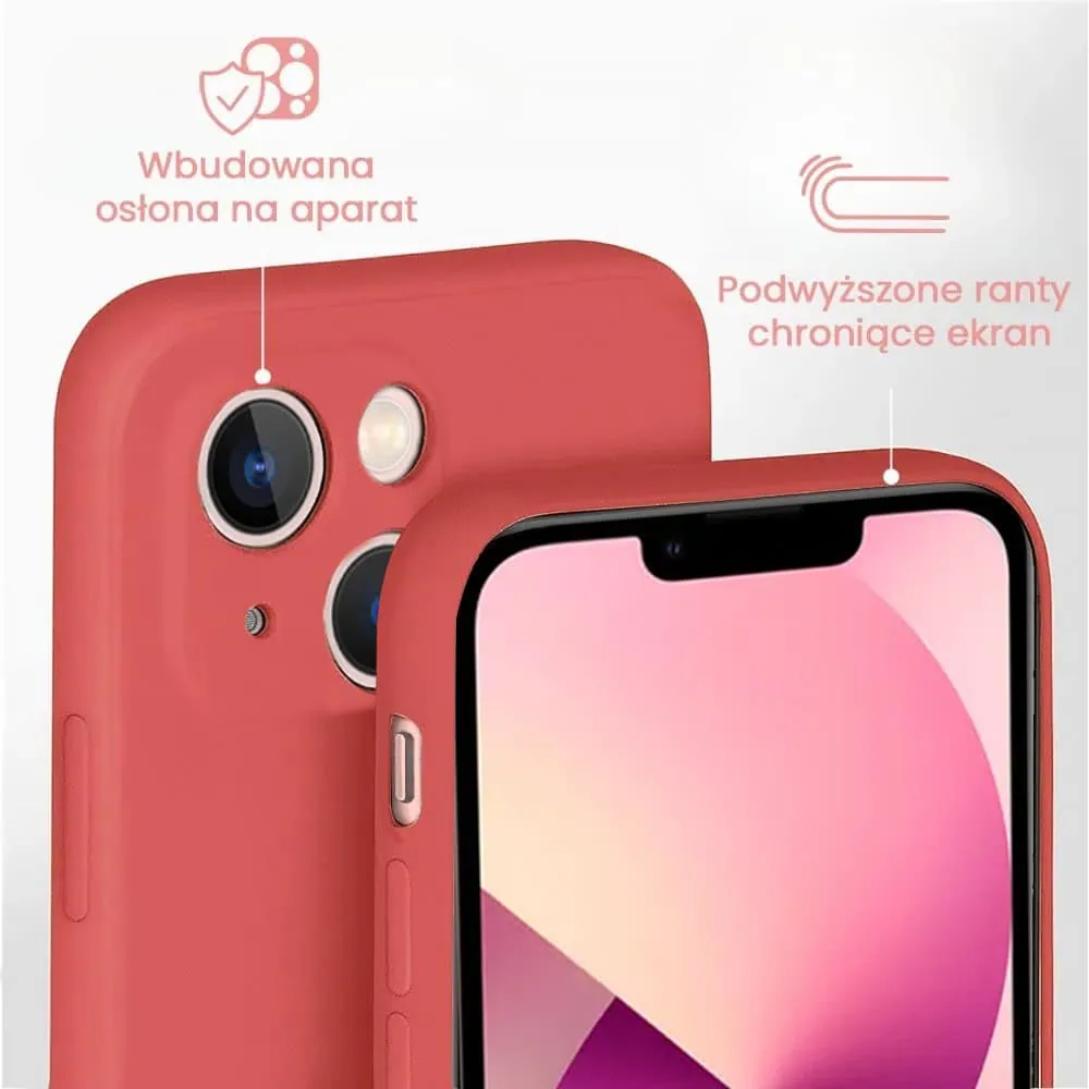 Etui do iPhone 13 silikonowe z mikrofibrą soft touch z osłoną na aparat, jasny bordowy