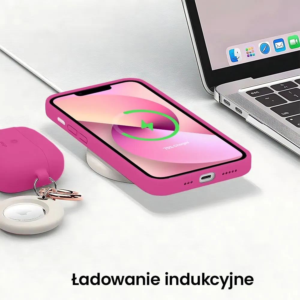 Etui do iPhone 13 silikonowe z mikrofibrą soft touch z osłoną na aparat, malinowe