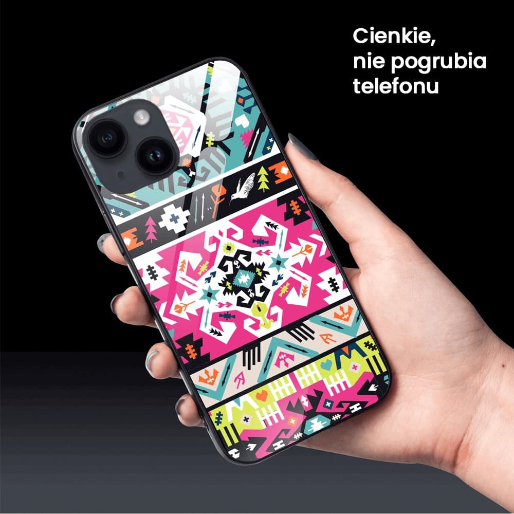 Etui do iPhone 13, szklany tył, kolorowe mandale, czarne