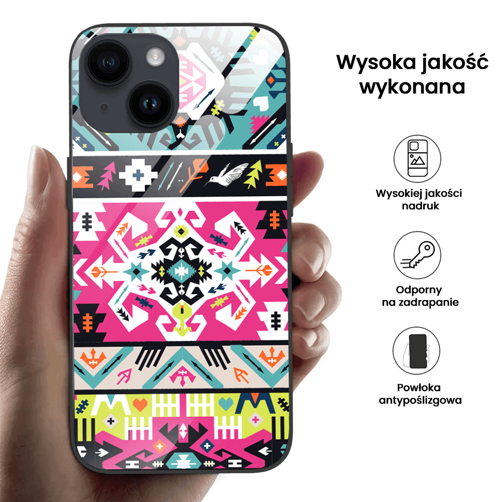 Etui do iPhone 13, szklany tył, kolorowe mandale, czarne