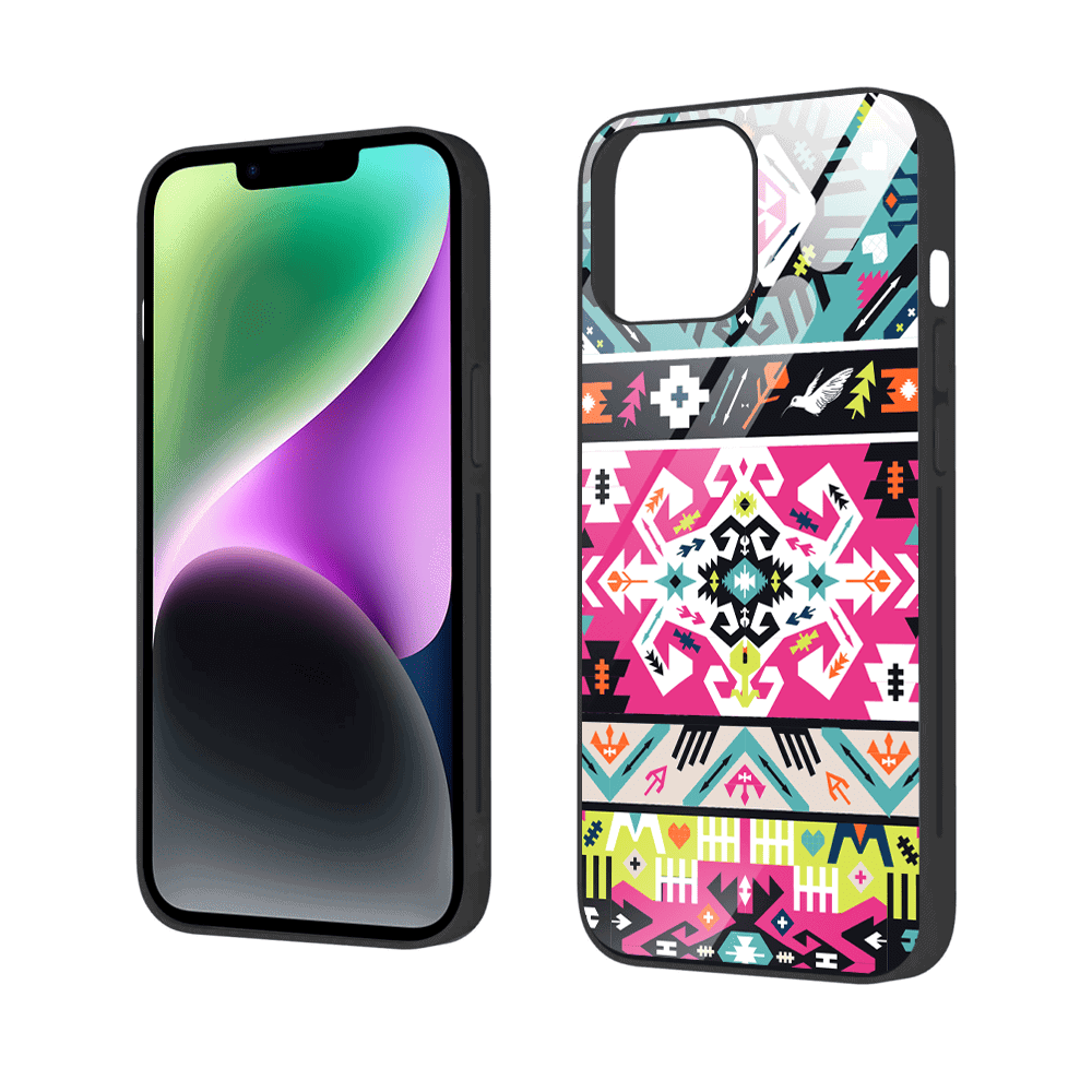 Etui do iPhone 13, szklany tył, kolorowe mandale, czarne