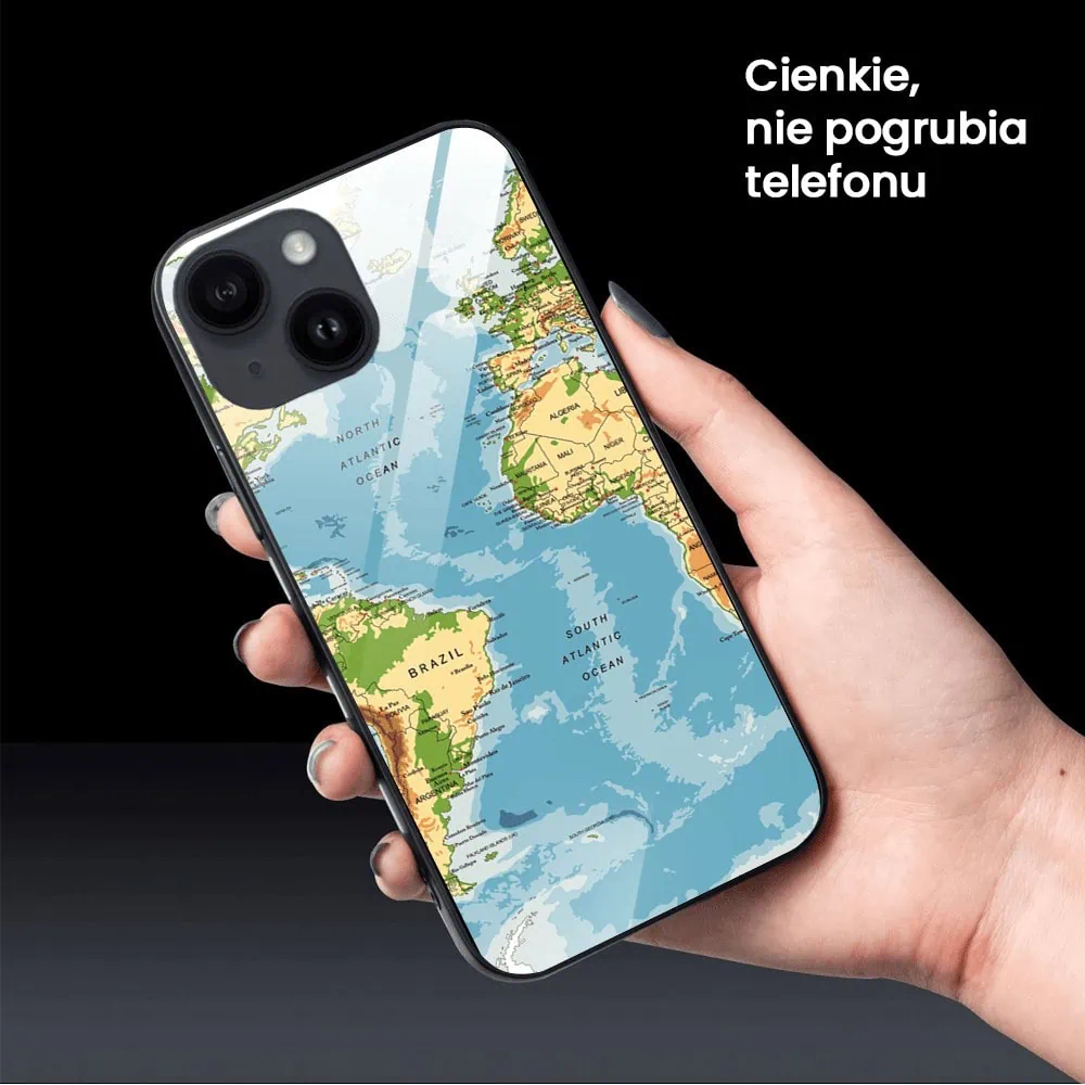Etui do iPhone 13, szklany tył, mapa świata, czarne