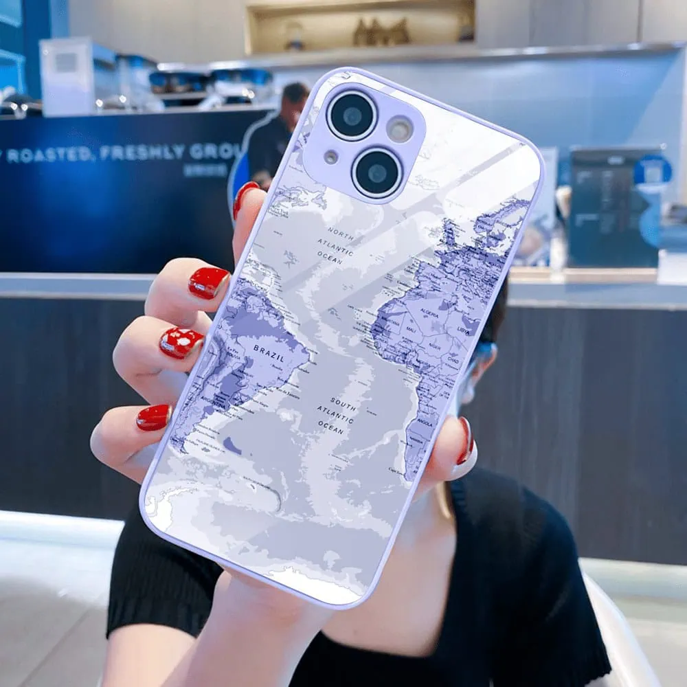 Etui do iPhone 13, szklany tył, osłona kamery, mapa świata, fioletowe