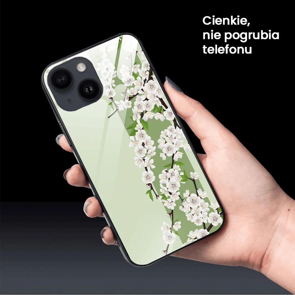 Etui do iPhone 13, szklany tył, romantyczny bez, czarne