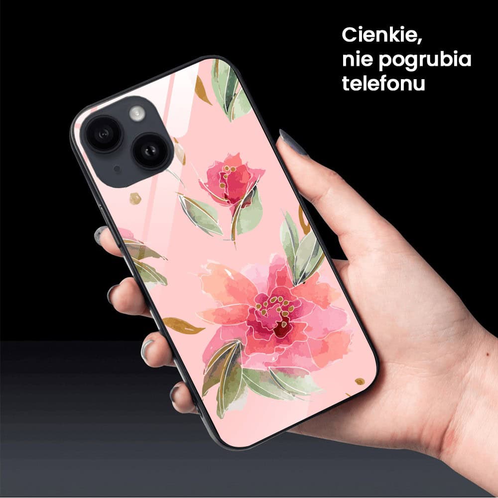 Etui do iPhone 13, szklany tył, różowa wiosna, czarne