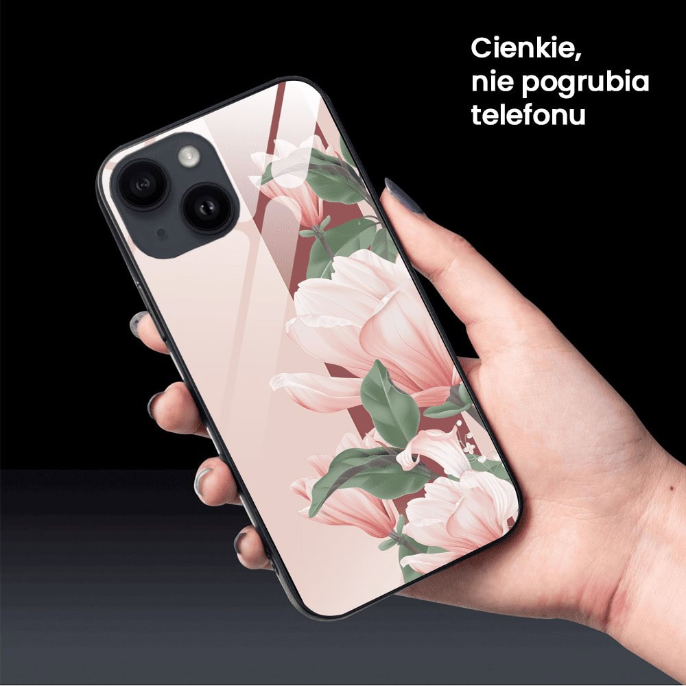 Etui do iPhone 13, szklany tył, subtelne róże, czarne