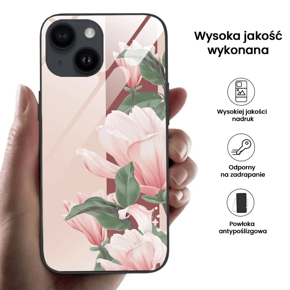 Etui do iPhone 13, szklany tył, subtelne róże, czarne