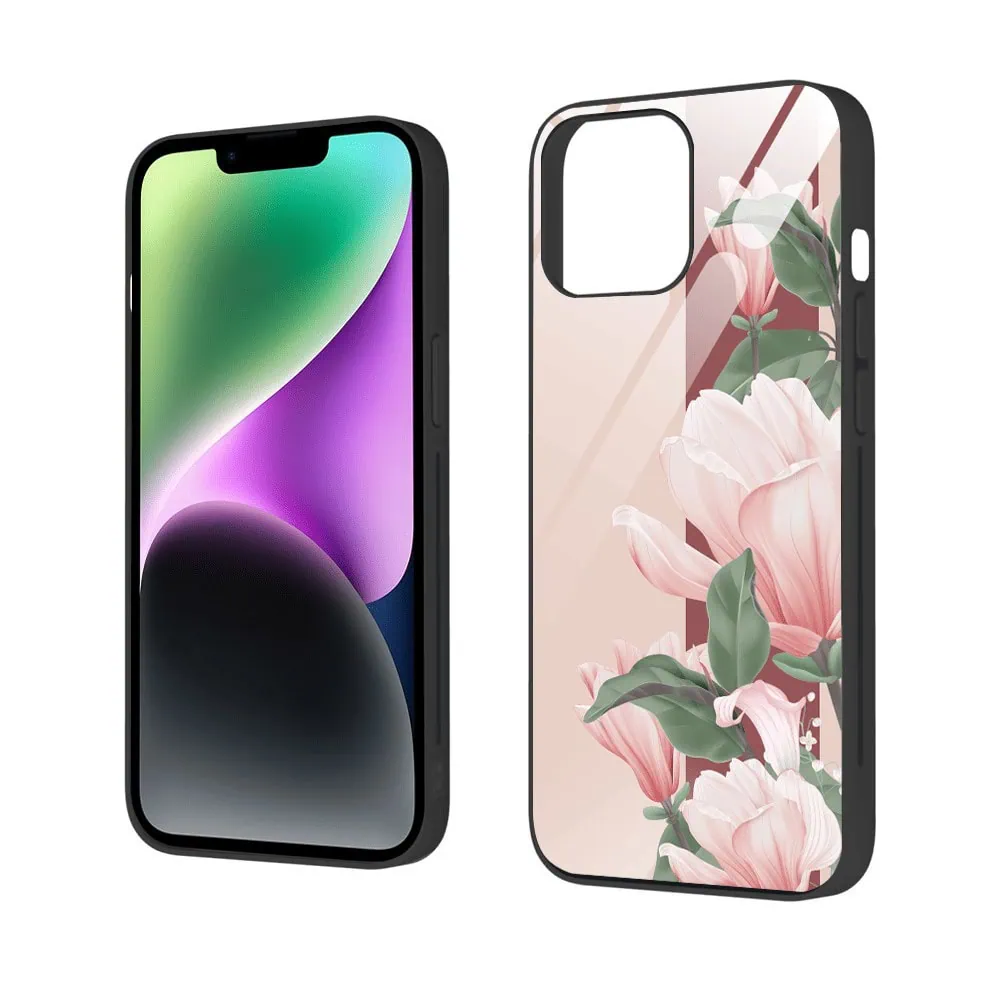 Etui do iPhone 13, szklany tył, subtelne róże, czarne
