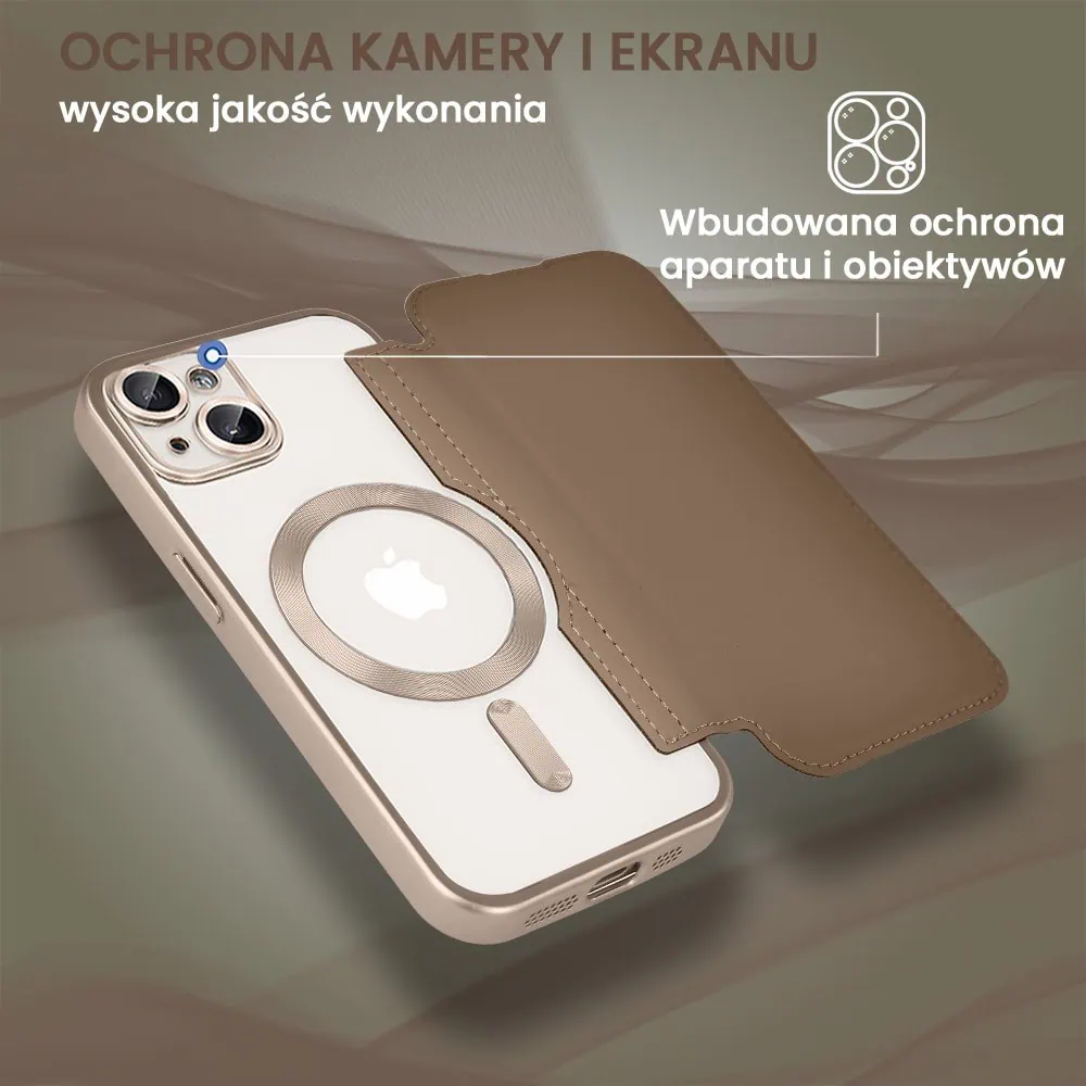 Etui do iPhone 13 typu książka Book Magsafe Lens Protect, z klapką, pustynny brąz