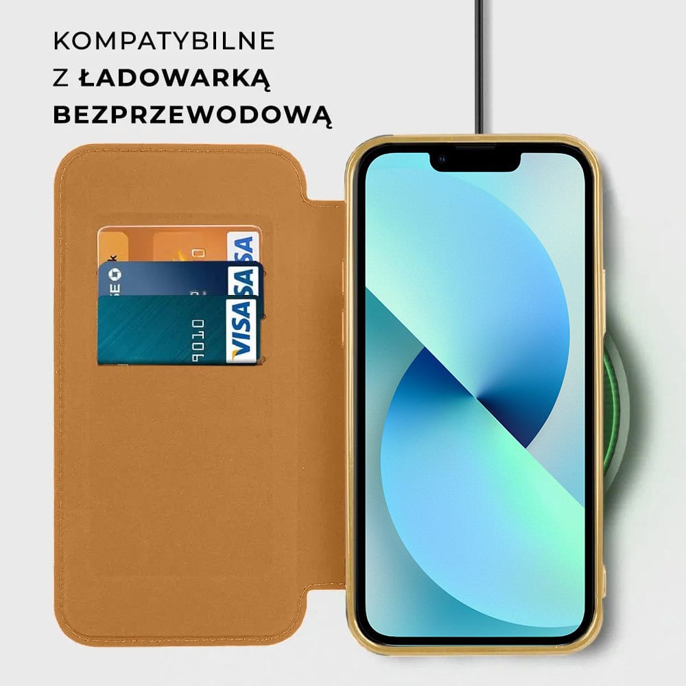 Etui do iPhone 13 typu książka Book Magsafe Lens Protect, z klapką, złote