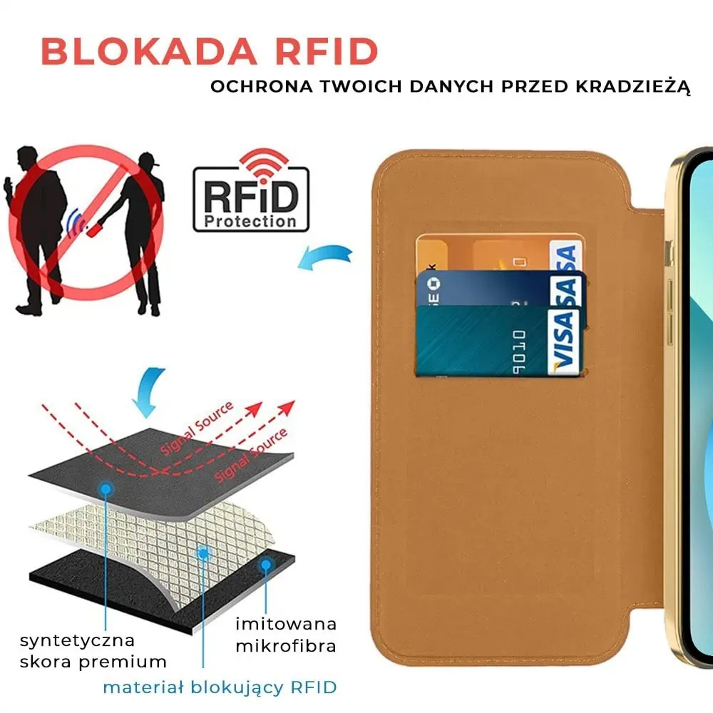 Etui do iPhone 13 typu książka Book Magsafe Lens Protect, z klapką, złote
