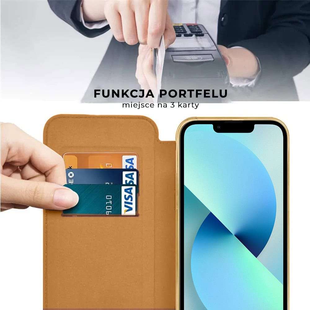 Etui do iPhone 13 typu książka Book Magsafe Lens Protect, z klapką, złote